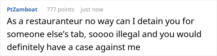Comment text discussing the legality of detaining a person who runs out before paying a restaurant bill.