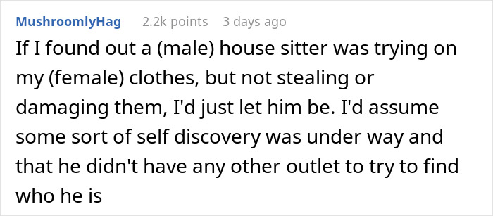 Text comment about a male house sitter trying on female clothes for thrills during a house sitting job.