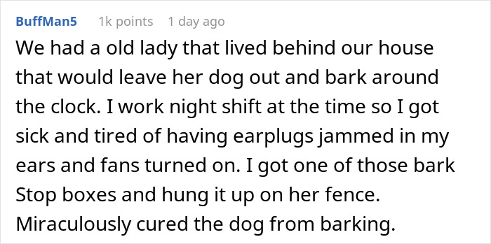 Comment text about a homeowner teaching an inconsiderate neighbor proper dog owner etiquette using a bark stop device.
