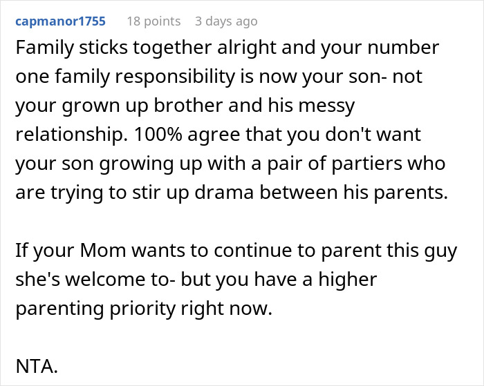 Text comment discussing family responsibilities and avoiding drama caused by brother&rsquo;s girlfriend bringing chaos and cigarettes inside.