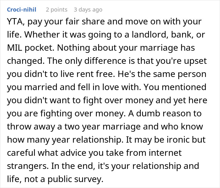 Comment from user Croci-nihil advising to pay fair rent share after unknowingly paying rent to husband and his mom for two years.