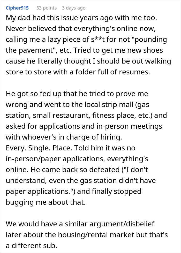 Comment about dad trying to get a job in a physical office and dealing with in-person applications and security.