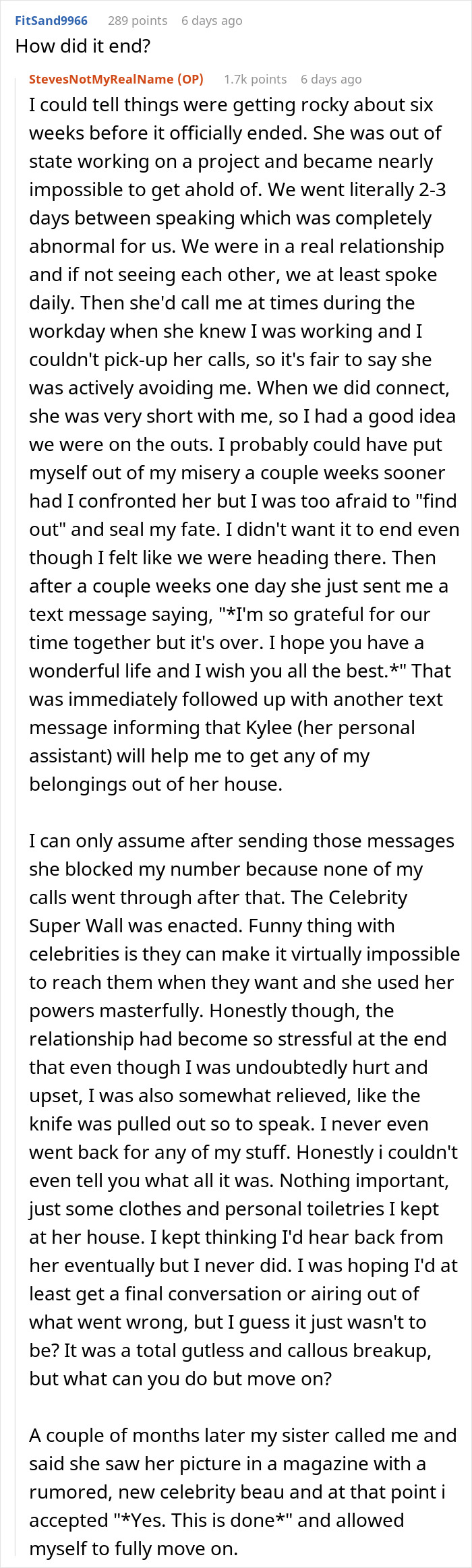Screenshot of a Reddit post sharing a personal story about dating a famous actress and the challenges in their relationship.