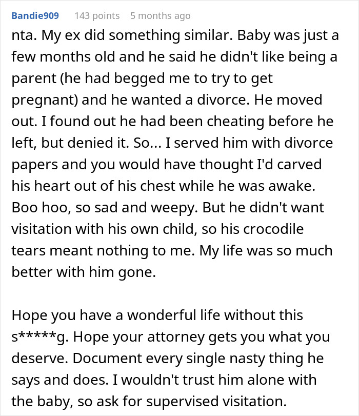 Reddit comment sharing a personal story about divorce and custody struggles after a man blindsided his post-partum wife. Reddit comment sharing a personal story about divorce and custody struggles after a man blindsided his post-partum wife.