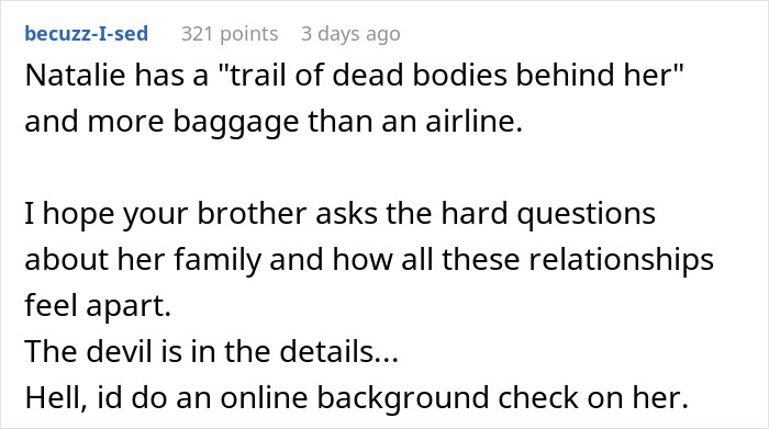 Comment discussing family drama and relationships, questioning how to treat brother's girlfriend's kids fairly.
