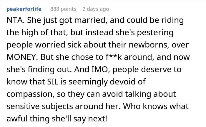 Online post showing a discussion about posting screenshots of SIL's texts and making her look bad in a family dispute.