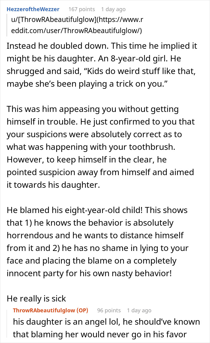 Reddit discussion about woman suspecting boyfriend tampered with her toothbrush and dumping him after online reactions.