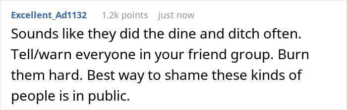Screenshot of an online comment about a millionaire deciding to run out before paying the bill, describing them as stuck up and entitled.