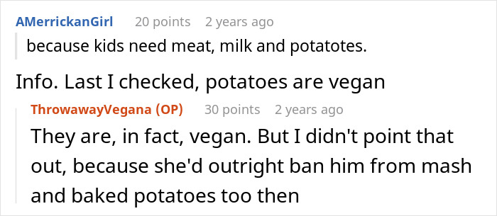 Text conversation about kids needing meat, milk, and potatoes, with a debate over vegan potato options and veggie preferences.
