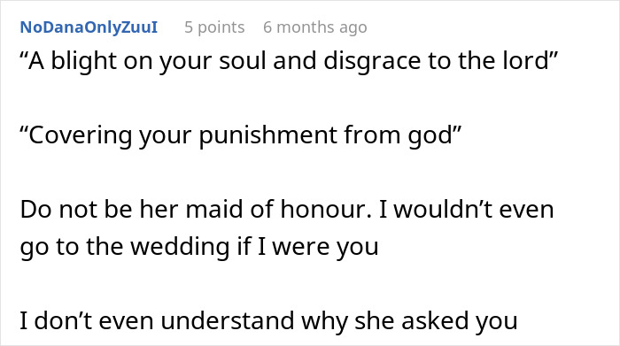 Comment screenshot discussing bride thinking cousin&rsquo;s alopecia is punishment from God and banning headscarf use.