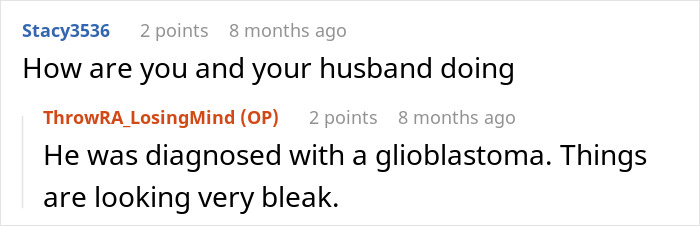 Screenshot of an online conversation about a man&rsquo;s pregnancy assumptions and his heartbreaking cancer diagnosis with glioblastoma.