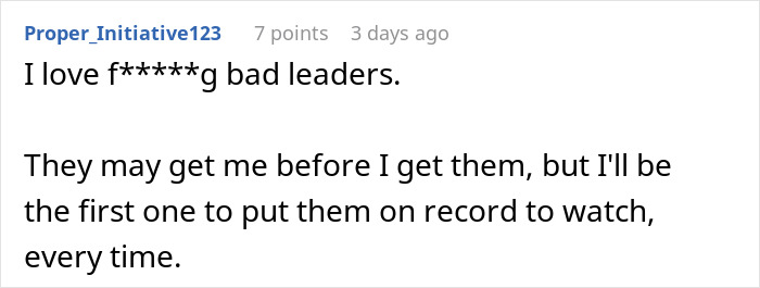 Comment praising accountability for bad managers, highlighting hostile workplace created by manager behavior consequences.