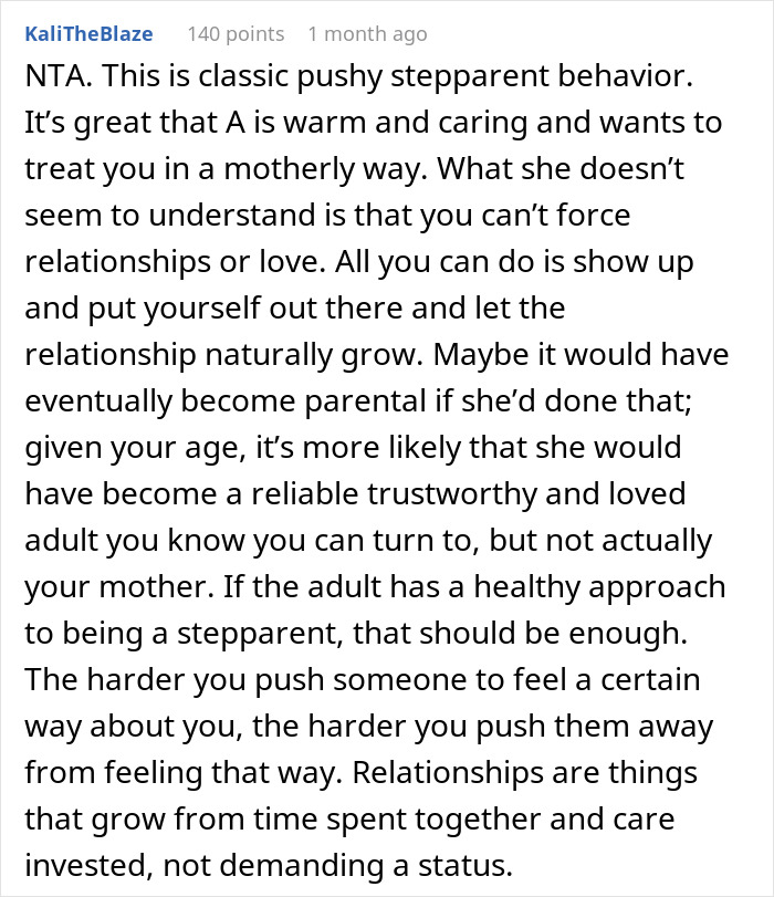 Comment discussing teen refuses to be a birthday gift for stepmother, highlighting stepparent relationship boundaries.