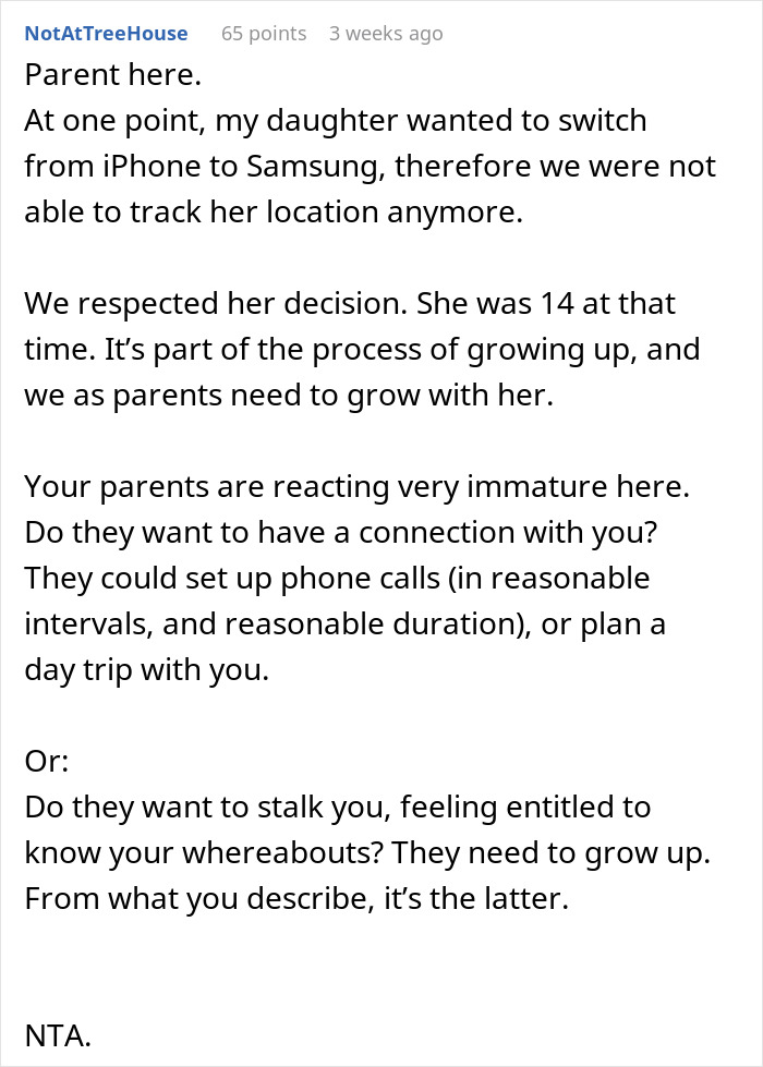 Comment from a parent about removing phone tracking due to privacy and location sharing concerns with their child.