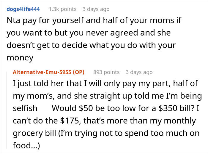 Conversation about person finding out they&rsquo;re treating the table after dinner and refusing to pay full amount.