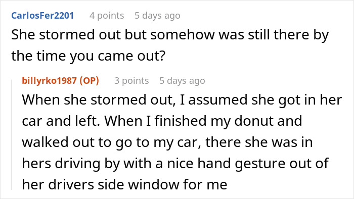 Screenshot of a conversation revealing how a Dunkin' Donuts customer spots loopholes in a con artist Karen's story. Screenshot of a conversation revealing how a Dunkin' Donuts customer spots loopholes in a con artist Karen's story.