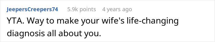 Comment saying YTA for making wife&rsquo;s cancer diagnosis about himself, highlighting conflict over biological kids and MIL&rsquo;s reaction.