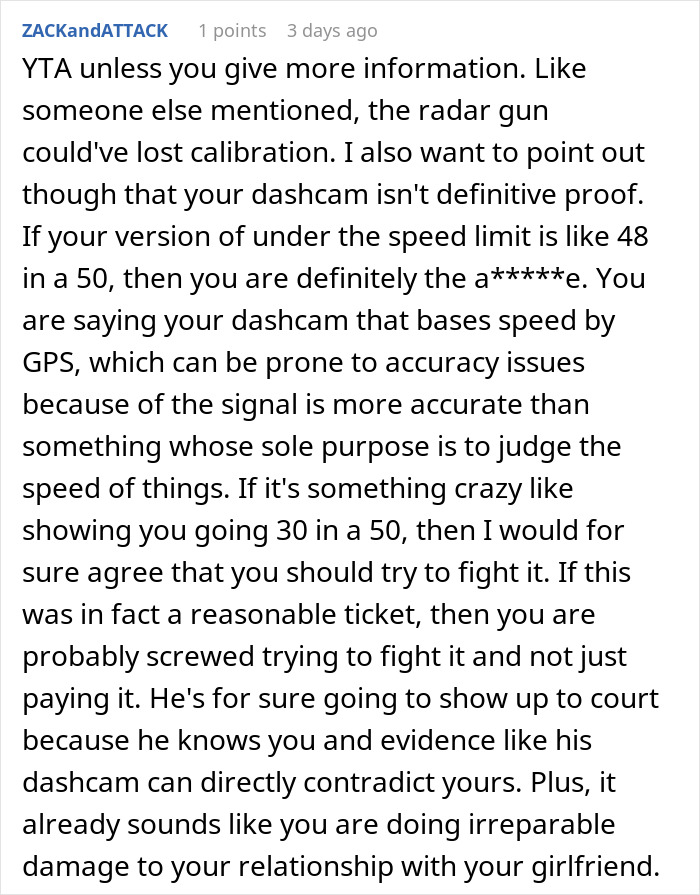 Screenshot of an online comment discussing accuracy issues with radar guns and dashcam speeds in a speeding ticket dispute. Screenshot of an online comment discussing accuracy issues with radar guns and dashcam speeds in a speeding ticket dispute.