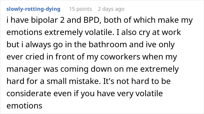 Text post on forum about bipolar disorder and volatile emotions, sharing experience of crying at work and desire for considerate coworkers.