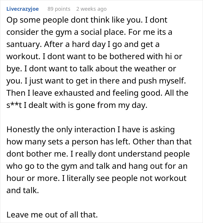 Commenter explains why gym flirting goes badly and why many women dislike gym socializing and distractions.