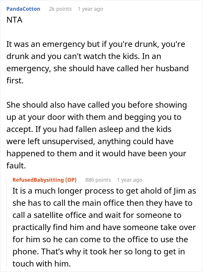 Reddit discussion about guy refusing to watch kids during emergency while under the influence and sister’s furious reaction. Reddit discussion about guy refusing to watch kids during emergency while under the influence and sister’s furious reaction.