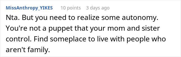 Screenshot of a Reddit comment discussing autonomy after finding out they are treating the table and refusing to pay.