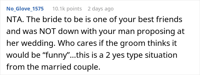 Screenshot of a Reddit comment discussing stopping a boyfriend&rsquo;s proposal at a best friend&rsquo;s wedding.