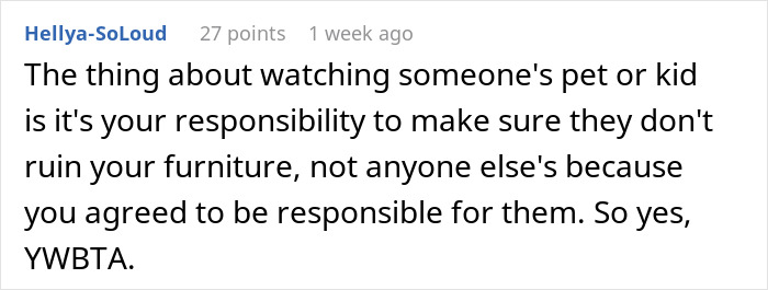 Text post from a forum discussing responsibility for furniture damage when watching a friend's child and WBTA debate.