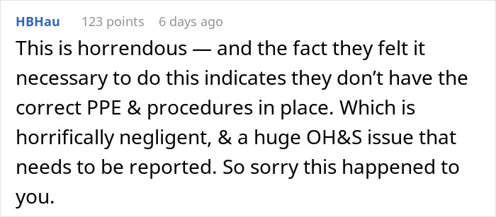 Screenshot of an online comment about workplace safety, reflecting on risky nominations for employees without kids.