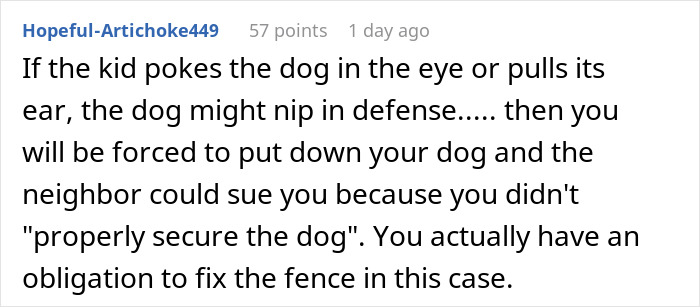 Comment discussing the neighbor’s kid turning fence into fast food window for dogs and urging to secure the fence. Comment discussing the neighbor’s kid turning fence into fast food window for dogs and urging to secure the fence.