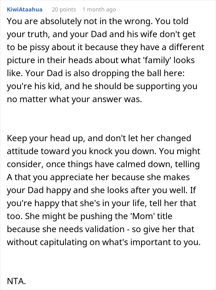 Teen refuses to be a birthday gift for stepmother, asserting independence and loyalty to biological mom in family conflict.