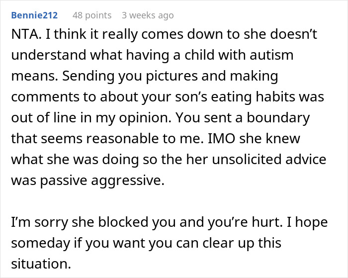 Reddit comment discussing food talk triggers related to son's autism and cousin cutting off communication. Reddit comment discussing food talk triggers related to son's autism and cousin cutting off communication.