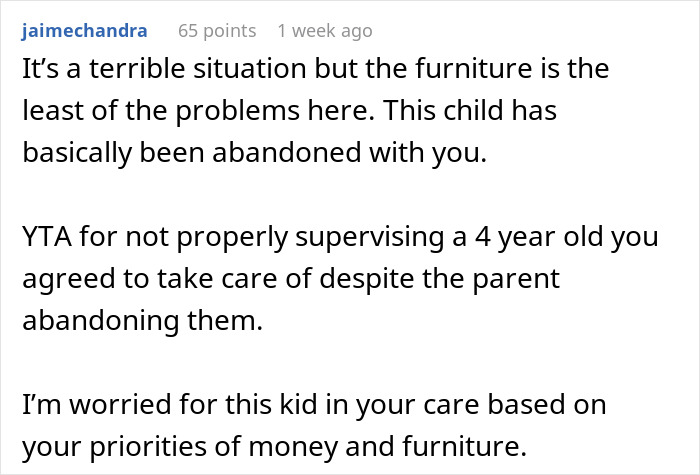 Comment discussing supervision and care concerns related to a friend&rsquo;s daughter ruining furniture.