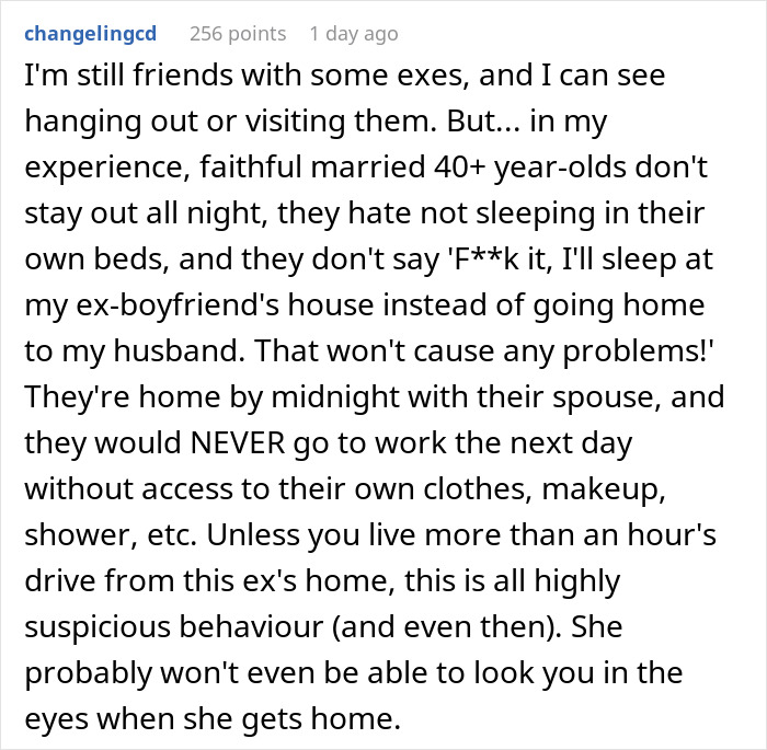 Text post discussing a wife&rsquo;s catch-up with her ex turning into a sleepover, while the husband is home alone.