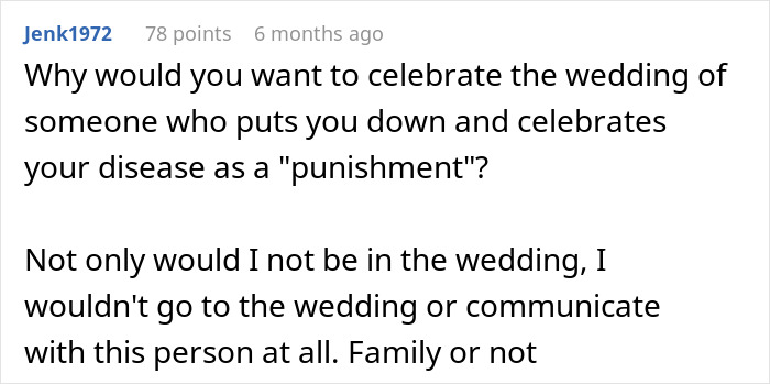 ALT text: Online comment criticizing bride's view of cousin&rsquo;s alopecia as punishment and banning headscarf at wedding