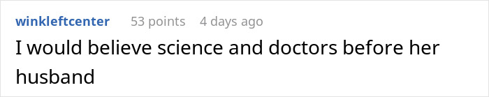 Comment on a social platform expressing preference for science and doctors over personal opinions regarding pregnancy and anti-vaccine views.
