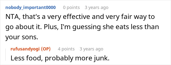 Screenshot of a Reddit conversation discussing a mom making teen kids pay for their own junk food. Screenshot of a Reddit conversation discussing a mom making teen kids pay for their own junk food.