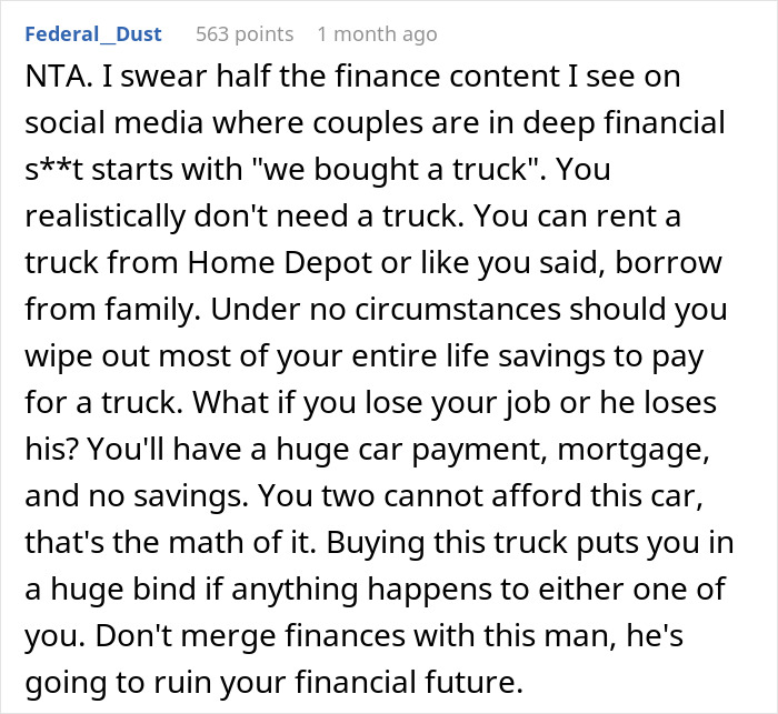 Screenshot of social media post giving financial advice to woman seeking help on husband&rsquo;s irresponsible manly purchase plans.