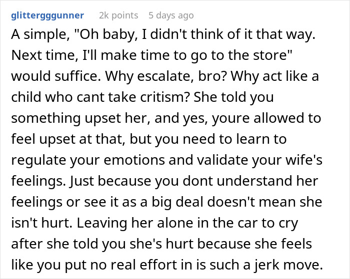Screenshot of a Reddit comment discussing emotional regulation and validating feelings in a man&rsquo;s relationship advice post.