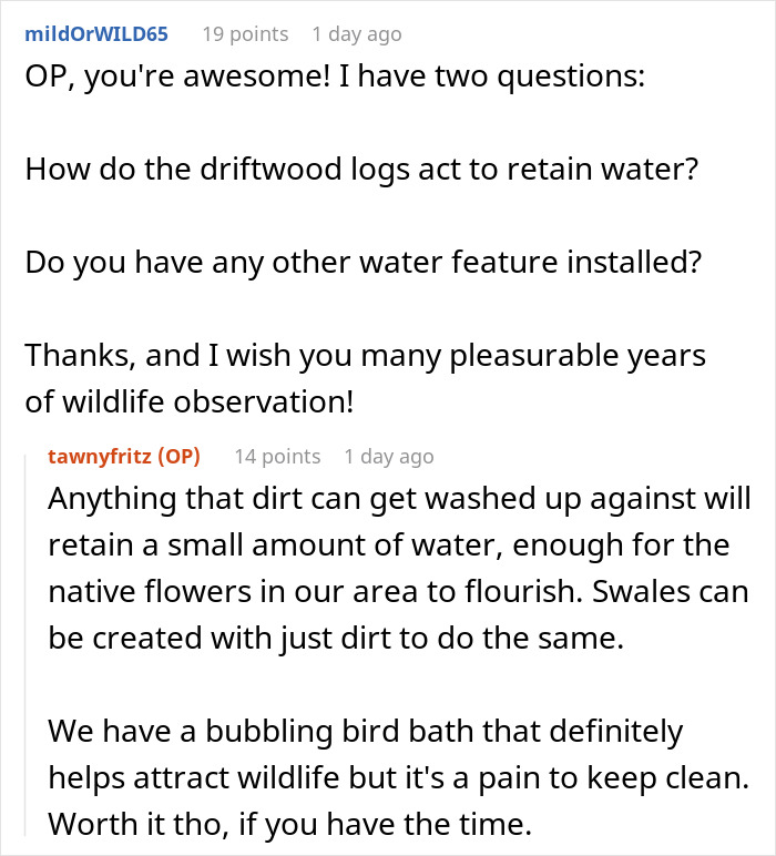 Reddit conversation discussing wildlife habitat creation, water retention with driftwood logs, and backyard bird bath maintenance.