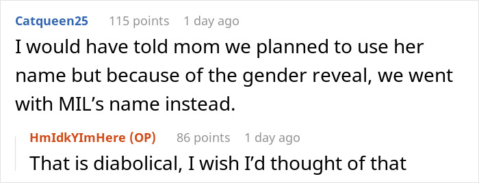 Screenshot of a Reddit conversation about a mom stealing daughter&rsquo;s pregnancy announcement to avoid a gender reveal party.
