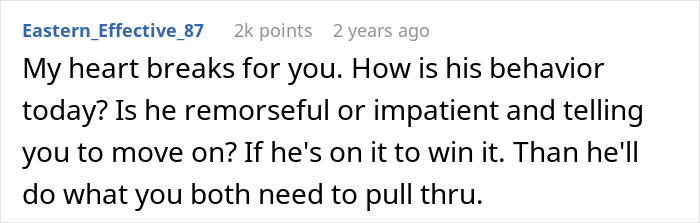 Screenshot of a heartfelt comment discussing a man admitting he found his wife repulsive on their first date.