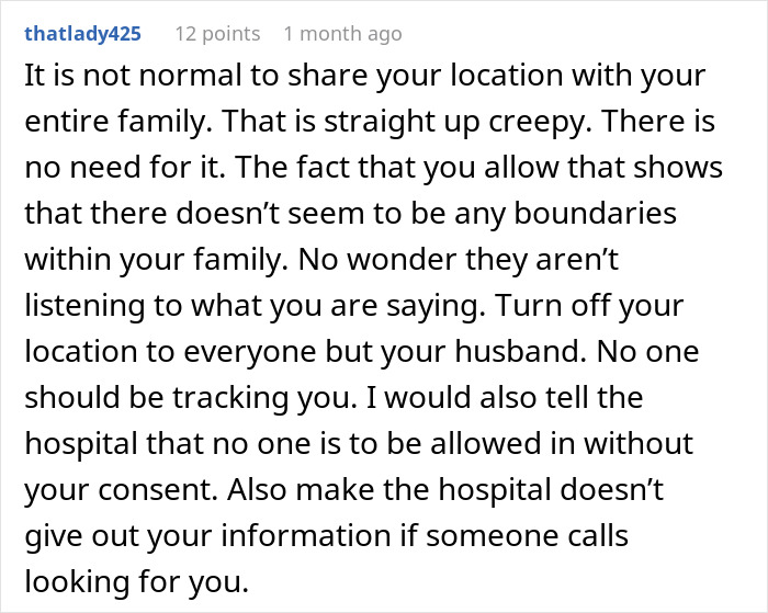 Reddit comment discussing family boundaries and privacy concerns during daughter's delivery and location sharing issues.