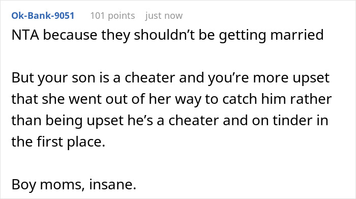 Screenshot of a Reddit comment discussing wedding drama after groom fails fianc&eacute;e loyalty test and funding is refused by parent.