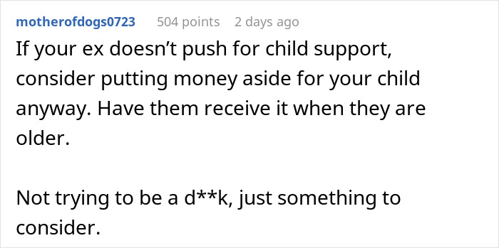 Comment about putting money aside for a child from a mom tired of her cheating husband and unwanted child.