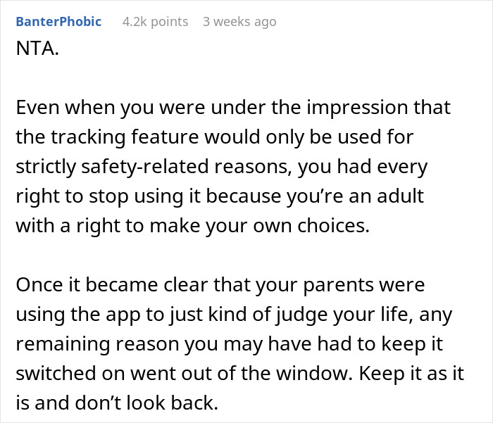 Reddit comment explaining adult rights after removing phone tracking used by parents to see location without consent.