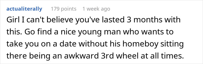 Screenshot of a Reddit comment discussing a guy who always brings his BFF to dates, highlighting awkward third-wheel situations.