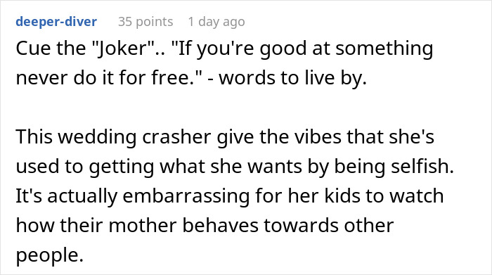 Reddit user commenting on an entitled mom interrupting a couple&rsquo;s photoshoot demanding free pictures of her kids.