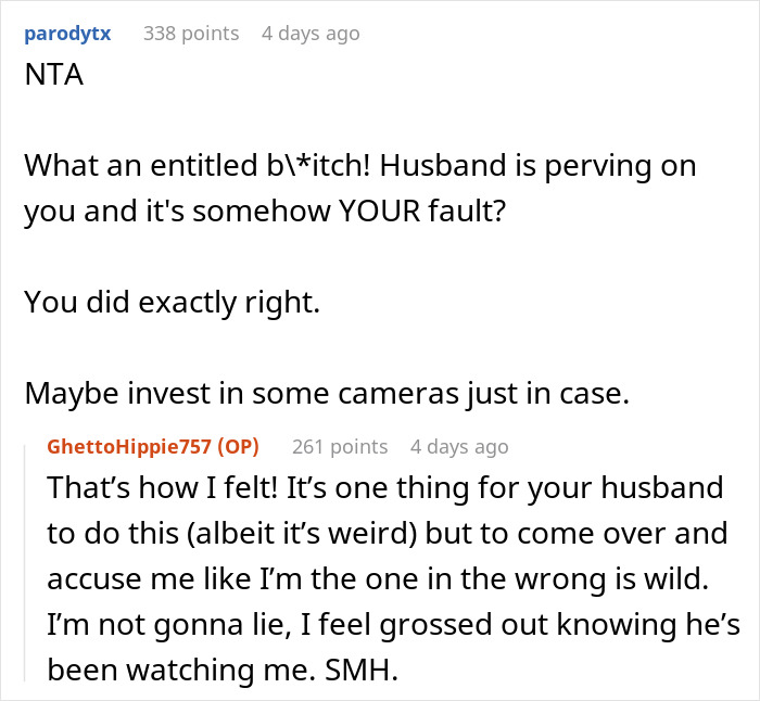 Chat conversation discussing neighbor complaints about a woman's outfit because her husband keeps staring at her. Chat conversation discussing neighbor complaints about a woman's outfit because her husband keeps staring at her.