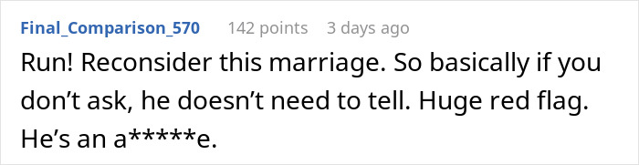 Screenshot of a Reddit comment warning to reconsider marriage after unknowingly paying rent to husband and his mom.